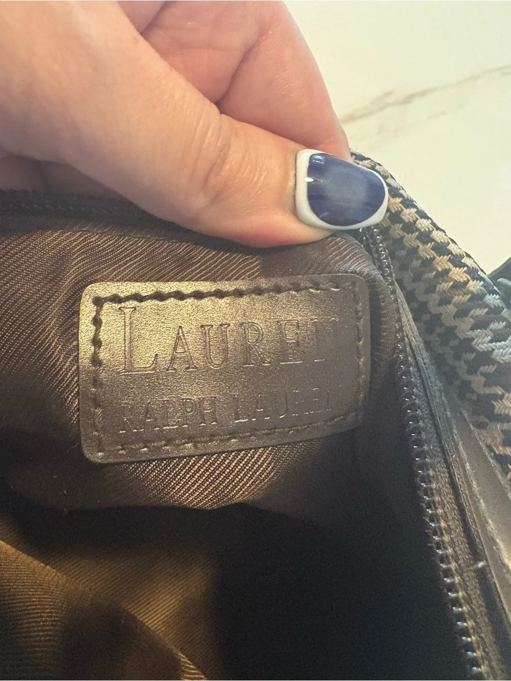 Ralph Lauren Black and Cream Houndstooth Satchel with Leather Trim